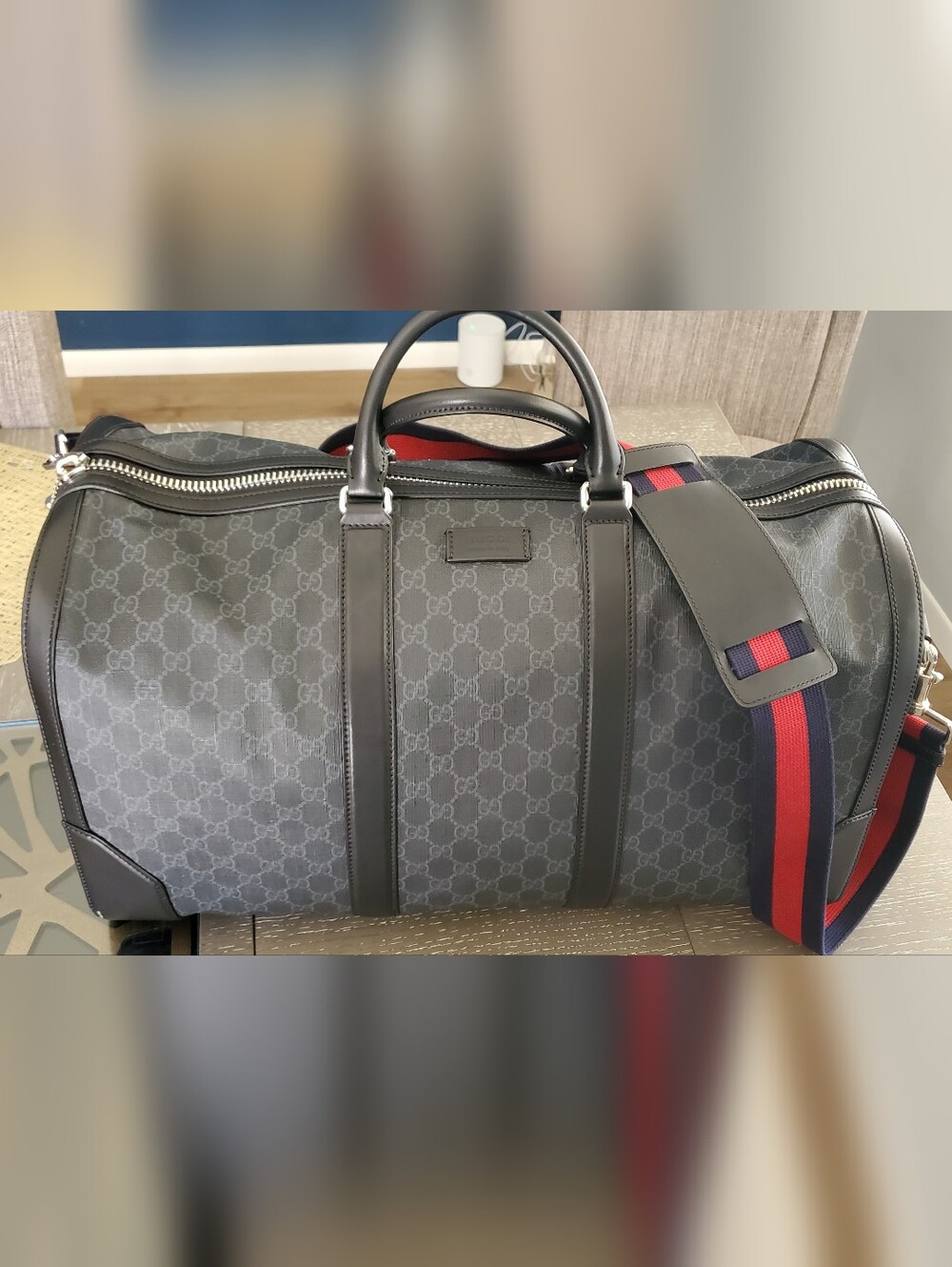 Gucci Black GG Supreme Duffel with Red and Blue Web Strap